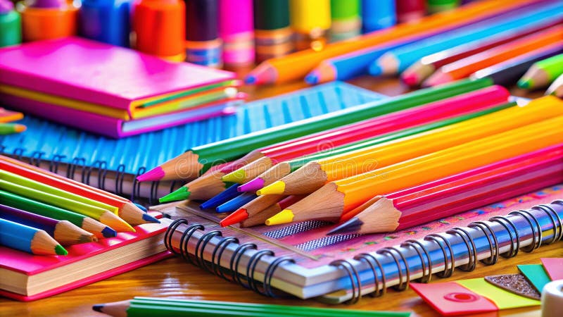 Materiale scolastico colorato su sfondo moderno e vivace